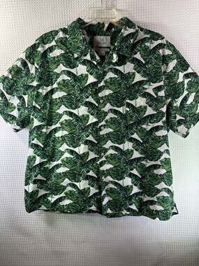 28 Palms Green Palm Leaf Print Relaxed Fit Hawaiian Shirt